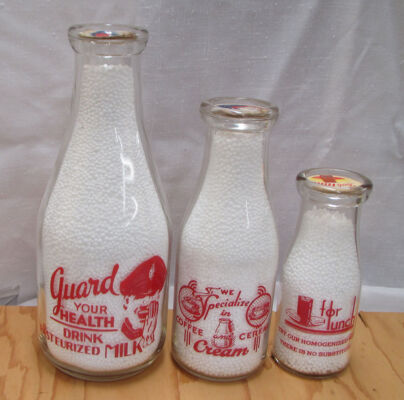 Wheat City Dairy, Brandon 3 sizes of bottles, red a.c.l. reverses
