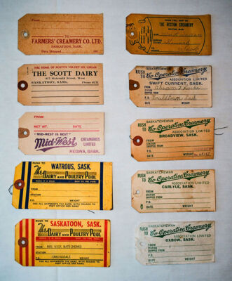 Saskatchewan cream & milk can shipping tags. Group 1.