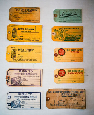 Saskatchewan cream & milk can shipping tags. Group 2.
