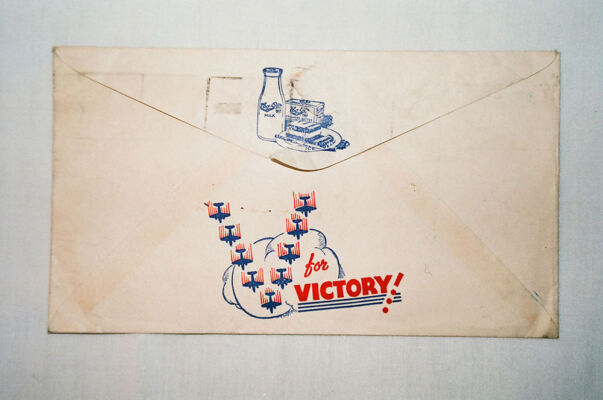 Reverse of 1942 envelope from Sask. Co-op Creameries with victory slogan