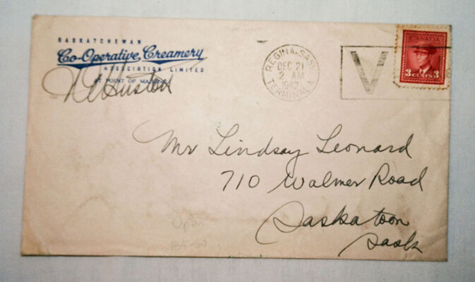 Front of 1942 envelope from Sask. Co-op Creameries with victory slogan